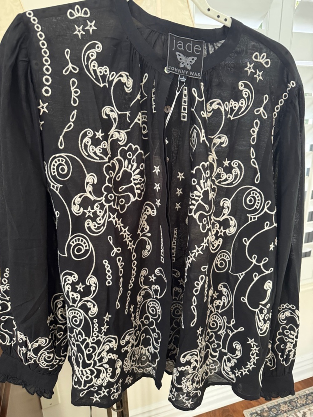 Johnny Was Black Blouse with White Embroidery